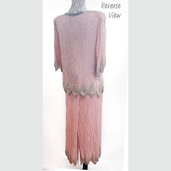 Fantasy by Lisa Kane, Silver-Beaded, Pink Pure Silk Chiffon Dress, Size 14-16 - Picture 5 of 14